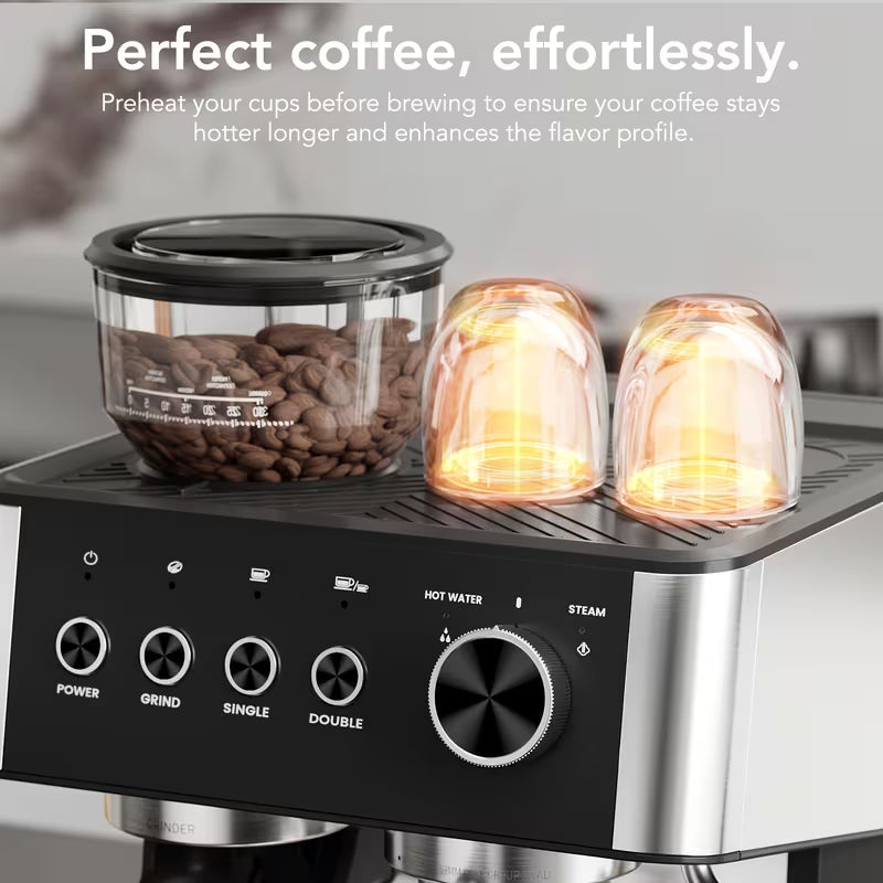 New All -In-One Espresso Machine With Built-In Grinder, 15-Bar Pressure, Steam Milk Frother Wand, Cappuccino &amp; Espresso Maker With Hot Water Dispenserno