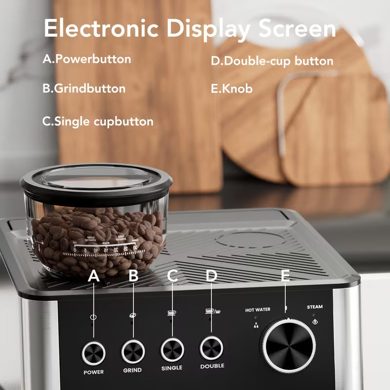 New All -In-One Espresso Machine With Built-In Grinder, 15-Bar Pressure, Steam Milk Frother Wand, Cappuccino &amp; Espresso Maker With Hot Water Dispenserno