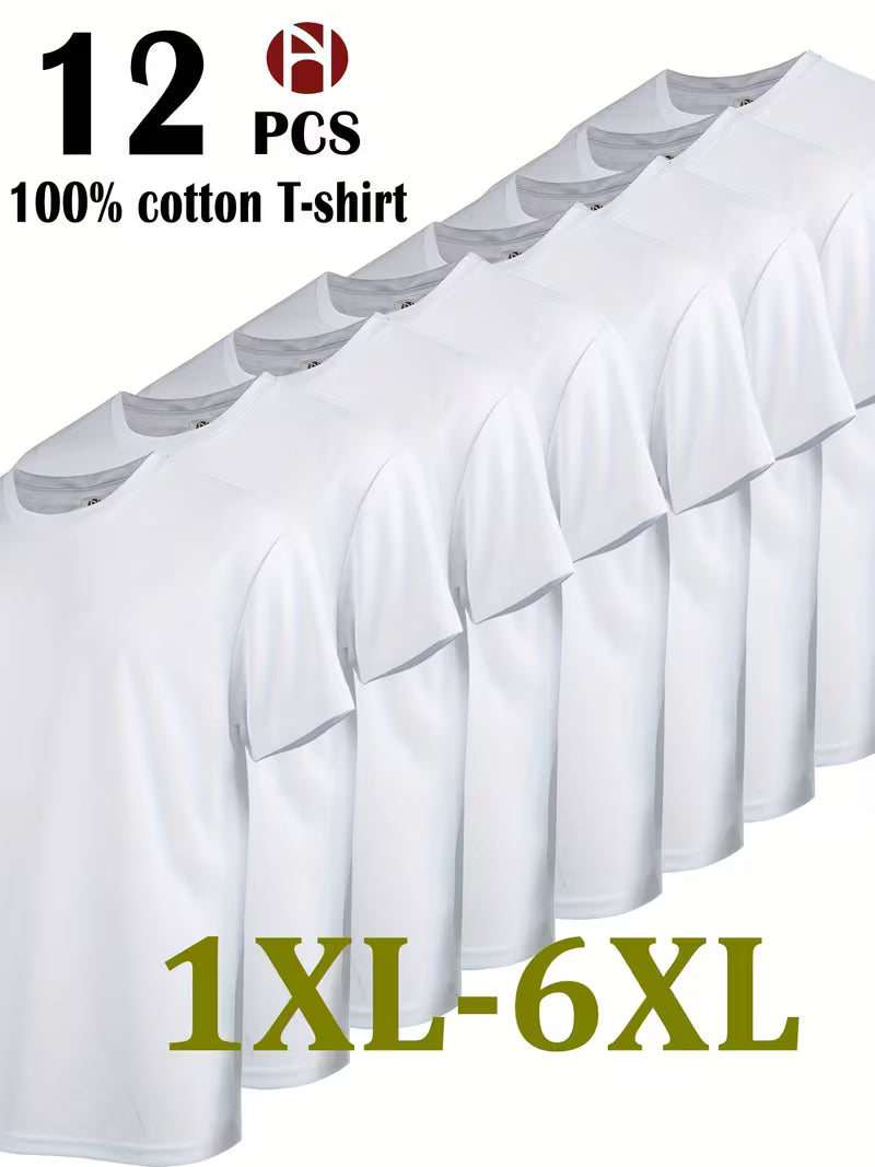 12pcs Men's Plus Size Pure Cotton Sports Top, Sweat Wicking Suitable for Casual Wear, Outdoor Leisure Sports, Comfortable And Durable, Good-looking And Fashionable, Simple Solid Color, Can Be Used for Printed Embryo Clothes, PLUS SIZE, Workout