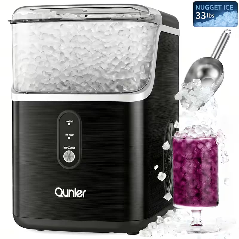 Nugget Ice Maker Countertop, Soft Chewable Pellet Ice Machine, Qunler 33 Lbs Per Day Self-Cleaning Stainless Steel Ice Maker for Iced Coffee, Soda, Tea, And Home Coffee Bar & Gifts for Coffee Lovers
